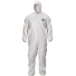 White hooded safety suit with long sleeves.