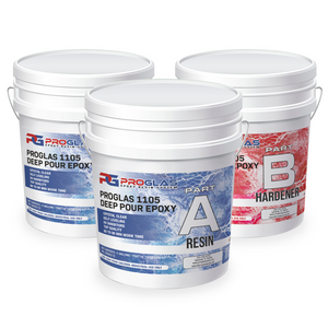 Three 5 gallon pails of ProGlas 1105 Deep Pour epoxy resin. There are two pails of Part A resin with blue labels and one pail of Part B hardener that has a red label.