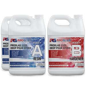 Three gallon jugs of ProGlas 1105 Deep Pour Epoxy Resin. Two jugs of Part A Resin and one jug of Part B Hardener.