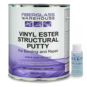 Fiberglass Warehouse vinyl ester structural putty can with MEKP bottle on a white background