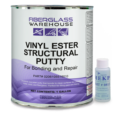 Fiberglass Warehouse vinyl ester structural putty can with MEKP bottle on a white background