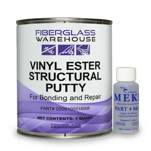 Fiberglass Warehouse vinyl ester structural putty can with MEKP bottle on a white background