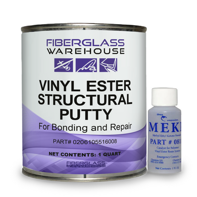 Fiberglass Warehouse vinyl ester structural putty can with MEKP bottle on a white background