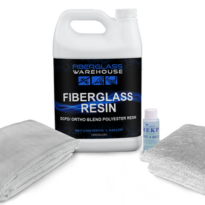 Gallon of fiberglass resin next to folded fiberglass cloth and chopped strand mat.