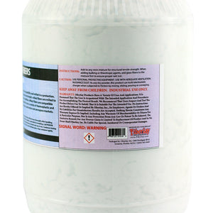 Close up of label of 5 lb. bottle of milled glass fiberglass. Includes instructions and cautions/ warnings.