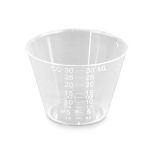 1 ounce clear medicine cup with CC and ML measurements