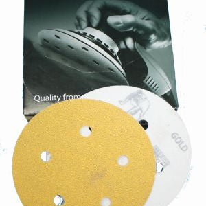 Mirka Gold box of 180 grit sanding discs. On top of box is pictured the front and back of a sanding disc with five holes.