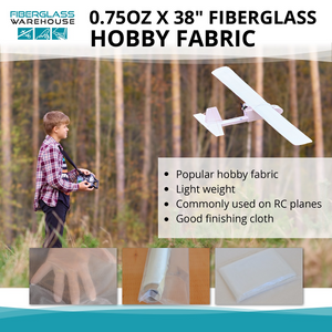Boy flying RC plane in field with small pictures of 1.5 ounce fiberglass cloth below. Bullet points include popular hobby fabric, light weight, commonly used on RC planes, good finishing cloth.