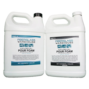 Two jugs in a two gallon kit of Fiberglass Warehouse 4lb. Closed Cell Boat Pour Foam. One jug has a black lid and the other has a white lid.