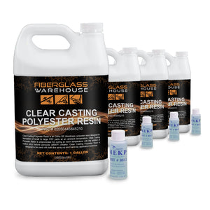 Four gallons plastic jugs of clear casting polyester resin. The jugs with handles are arranged at an angle with small MEKP catalyst bottles sitting in a diagonal pattern as well.