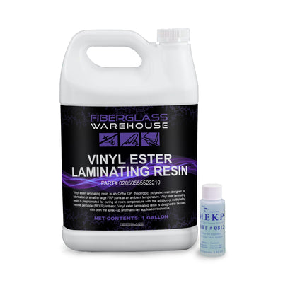 One gallon white jug of vinyl ester laminating resin. Jug has a black, white and purple label. MEKP catalyst sitting next to the one gallon jug.