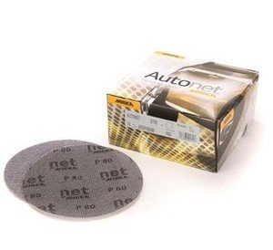 50 count box of Autonet 3" Mesh Grip Disc 80 Grit sandpaper. Two discs shown outside of the box.