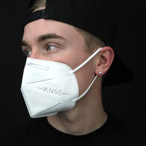 KN95 dust mask without valve. Shown on man for size reference.