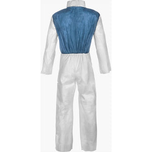 Back side of Micromax safety suit with white arms and legs and blue upper backing.