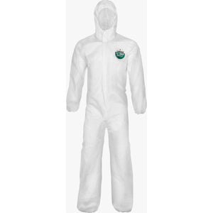 White Micromax protective safety suit with pants, long sleeves and hood. Protects clothes, skin and hair from hazardous material.