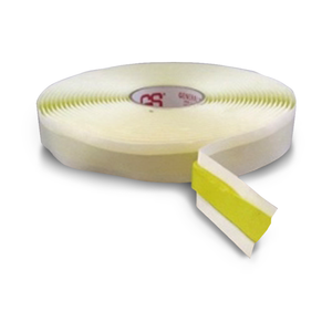 Yellow colored sealant tape shown on round roll. Sealant tape looks like a putty with a paper backing.